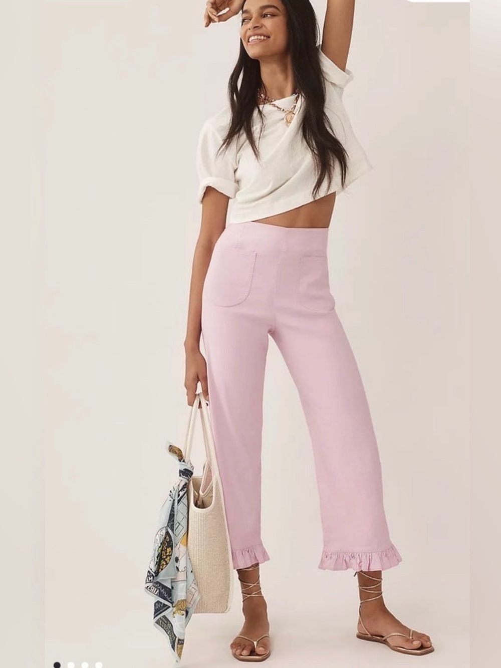 Maeve Pastel Pink Ruffle-Hem Cropped Pants